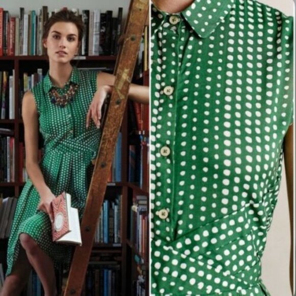 Anthropologie 11 1 Tylho Size XS Brynn Green Polka Dot Fit Flare Shirtdress - Picture 2 of 11